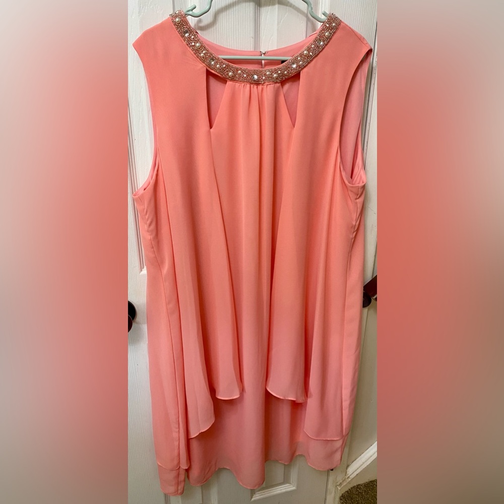 SL Fashions New York Peach Cocktail Dress with Embellished Neckline, 18W